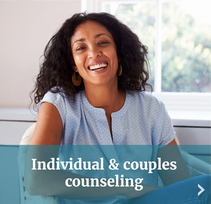 women smiling and sitting in chair with text: Individual & couples counseling