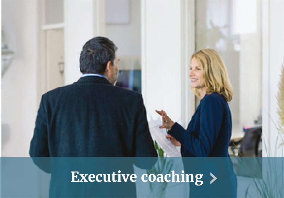 Two professionals talking with Executive coaching callout